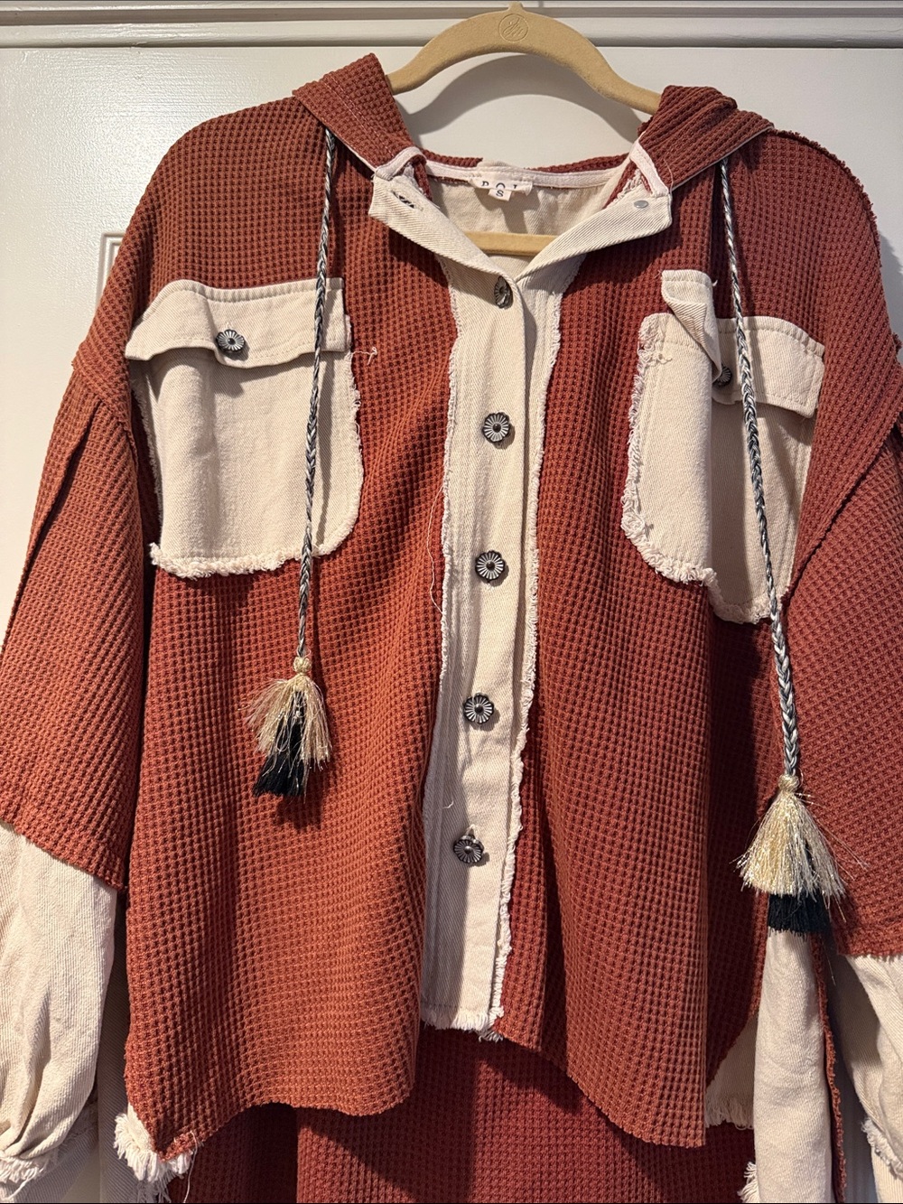 POL Waffle-Knit Hood Shacket Long Back Tassel Tie Oversized Fray Edges Slouchy S - Picture 3 of 14